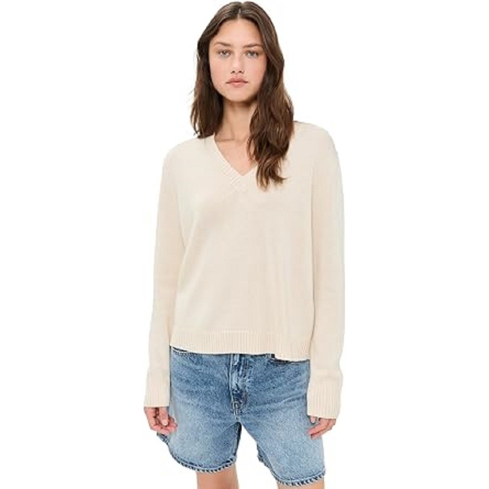 Jenni Kayne Simone V Neck Pullover Sweater Merino Wool Cotton Ivory Cream Size M